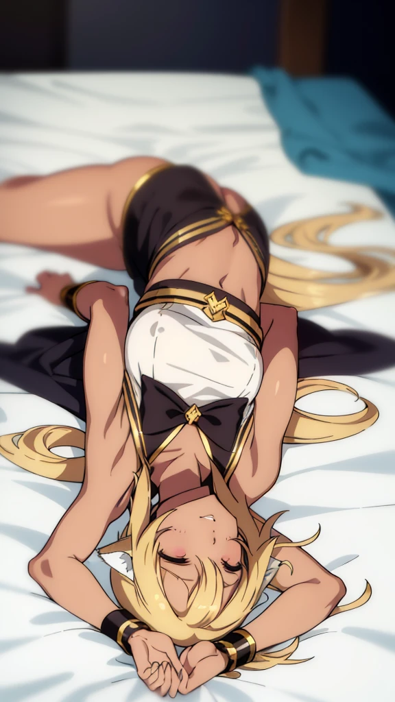 (1girl ,solo,20s,mature female),blonde hair,long hair,cat ears,(((dark skin))),(Egypt),white sleep oufit,bare shoulders,sleep,lying on bed,night,separated lips