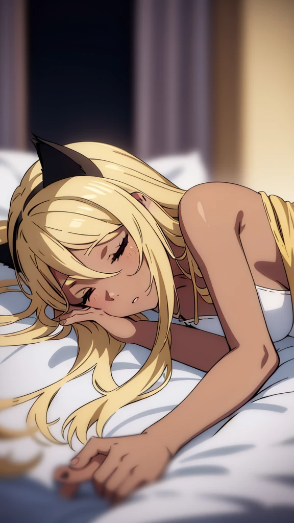 (1girl ,solo,20s,mature female),blonde hair,long hair,cat ears,closed eyes,(((dark skin))),(Egypt,night),white oufit,bare shoulders,looking at view,sitting on bed, one eye closed, open mouth, yawning, sleepy, squeans,sleep