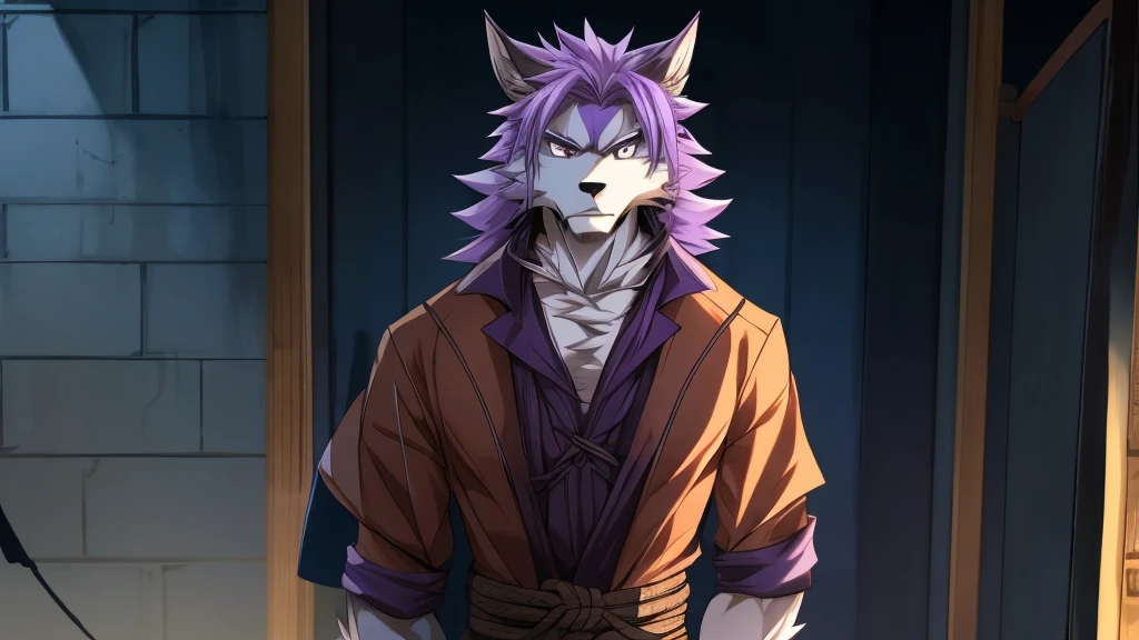 The werewolf with light purple hair is tied up with his upper body exposed，Standing，Panic，Exquisite，Athletic，Anthropomorphic，High degree of animalization，Furry Station，Stand by the wall，Tied，Handsome，male，Anime style，huge，Incapable of action，