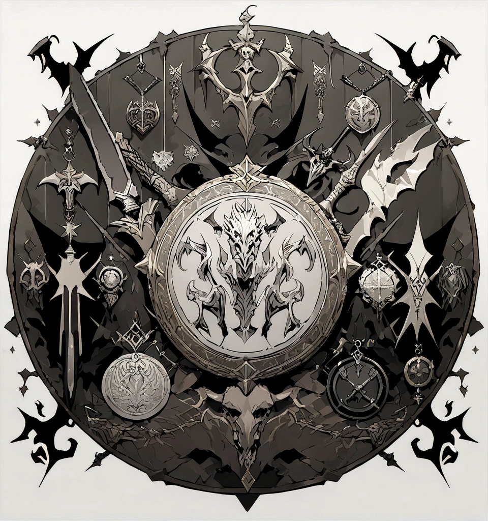 (Game achievement badge design),silver medal,Flat 2D Effects,game of thrones symbols,(In the center of the medallion is a sword crossed with axe)、baratheon greyjoy lannister stark symbols on the edges、sword and magic, no letters, (Masterpiece)