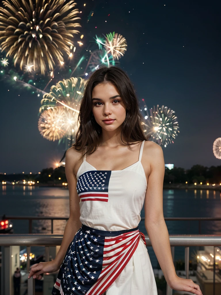 generate a 21 years old young white woman with dark brown with nice hairstyle ,celebrating the 4th of July. The model should be dressed in stylish, patriotic attire featuring the colors red, white, and blue. The outfit can include elements such as a star-spangled dress, a flag-themed accessory, or a combination of these colors in a chic and modern design. The background should showcase a festive environment with fireworks lighting up the night sky, American flags waving, and other traditional Independence Day decorations like bunting and sparklers. The overall vibe should be joyful, celebratory, and glamorous, capturing the essence of this significant American holiday