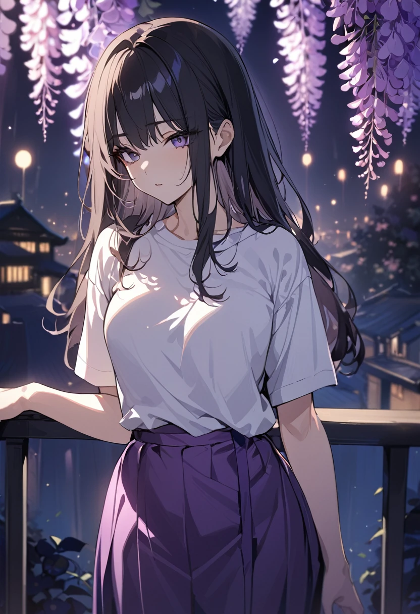 One girl, masterpiece, best quality, fair skin, beautiful girl, purple extensions, black hair, shirt, purple skirt, night, wisteria flowers only, anime, less exposure