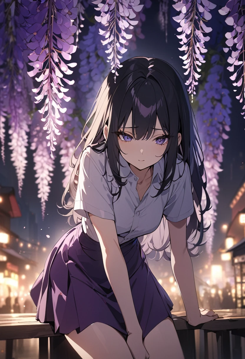 One girl, masterpiece, best quality, fair skin, beautiful girl, purple extensions, black hair, shirt, purple skirt, night, wisteria flowers only, anime, less exposure