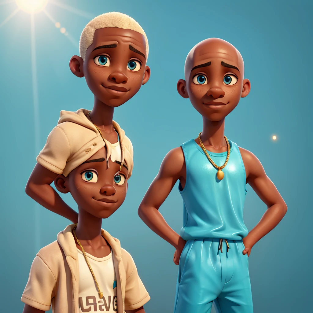 realistic, African boy, full lips, tired makeup, in front of camera, no hair, bald, Sportswear,, wet clothes, shine, gold chain around neck, hyperrealistic turquoise blue eyes, shoulders, collarbone, thin waist, sun  , plain background, Sunlight, setting sun, wind, cleavage, (first work), sweat,