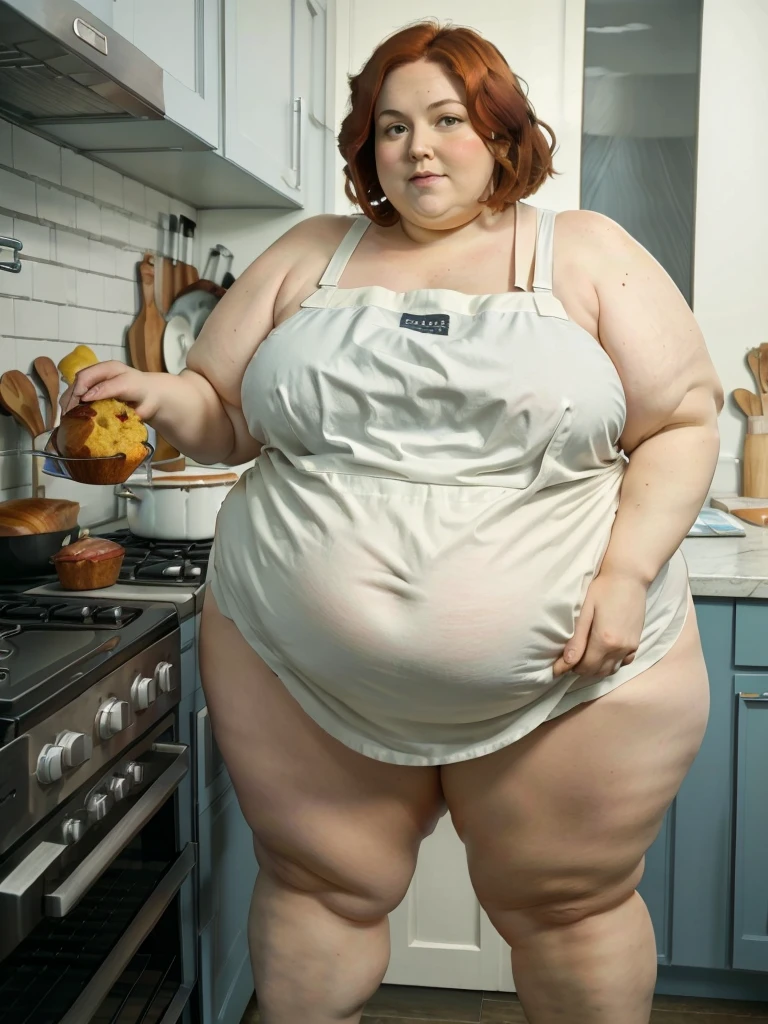 A muffin-baking photo of a middle-aged beautiful bottom heavy tradwife redhead ssbbw with pear-bodyhape, extreme wide hips, with short ginger hair soft fat belly, extremely wide fat obese hips, very very obese legs, thick fat wide legs and fat arms, huge wide butt, cute pretty face, small breasts, blue eyes, freckles, in a long cooking apron in a kitchen, makeing lot ot muffins