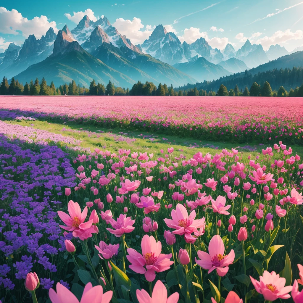 a close up of a field of flowers with mountains in the background, fields of flowers, an aesthetic field of flowers, field of flowers, in a field of flowers, field of fantasy flowers, flower field, field of mixed flowers, field of wild flowers, flower meadow, field of pink flowers, field of flowers background, sitting in a field of flowers