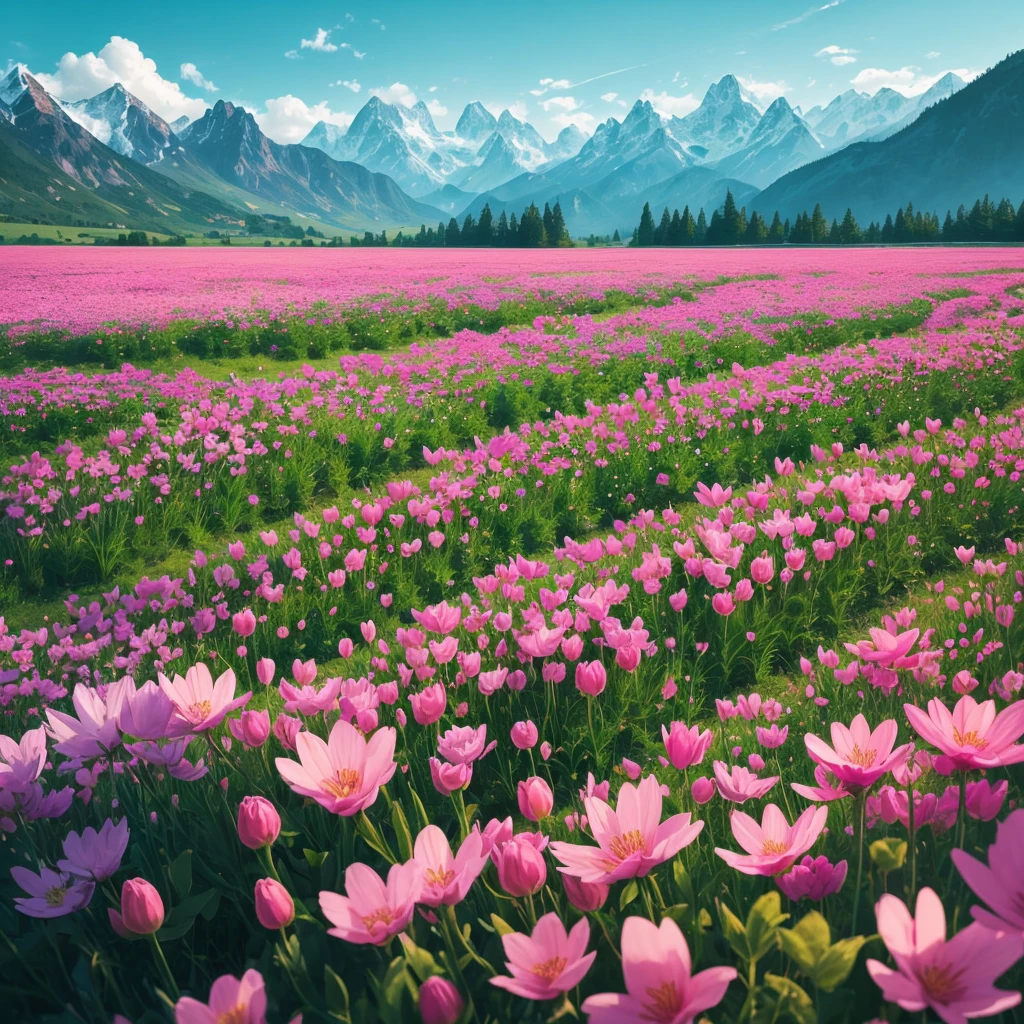 a close up of a field of flowers with mountains in the background, fields of flowers, an aesthetic field of flowers, field of flowers, in a field of flowers, field of fantasy flowers, flower field, field of mixed flowers, field of wild flowers, flower meadow, field of pink flowers, field of flowers background, sitting in a field of flowers