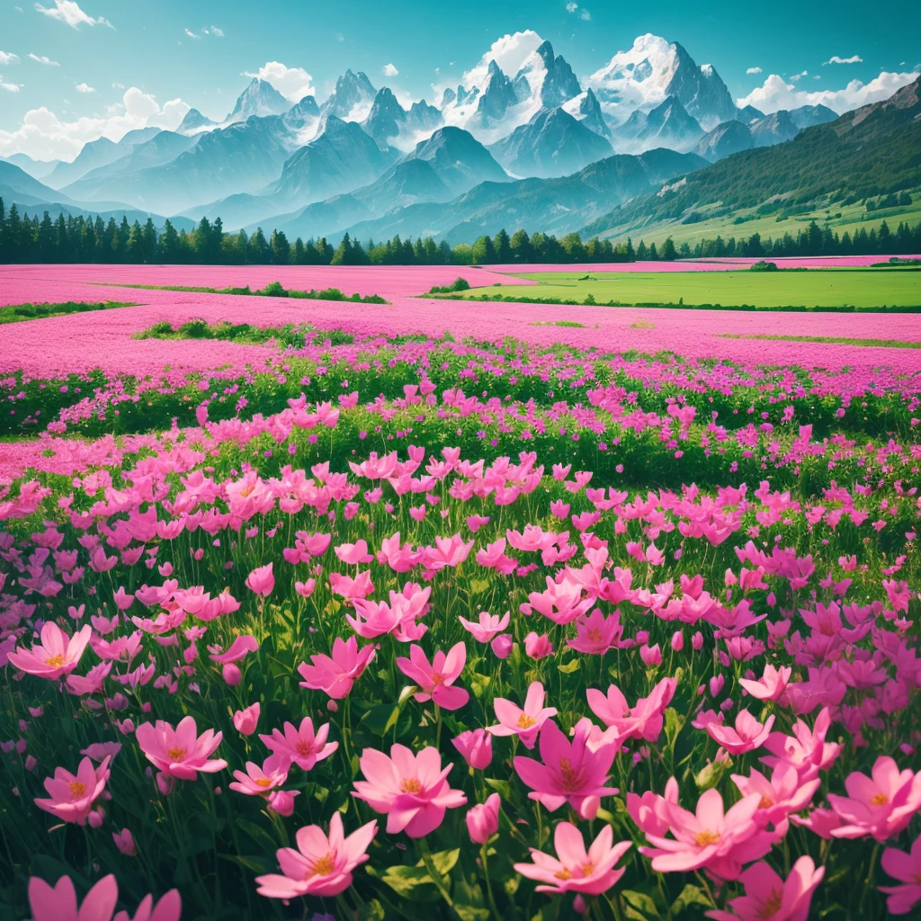 a close up of a field of flowers with mountains in the background, fields of flowers, an aesthetic field of flowers, field of flowers, in a field of flowers, field of fantasy flowers, flower field, field of mixed flowers, field of wild flowers, flower meadow, field of pink flowers, field of flowers background, sitting in a field of flowers