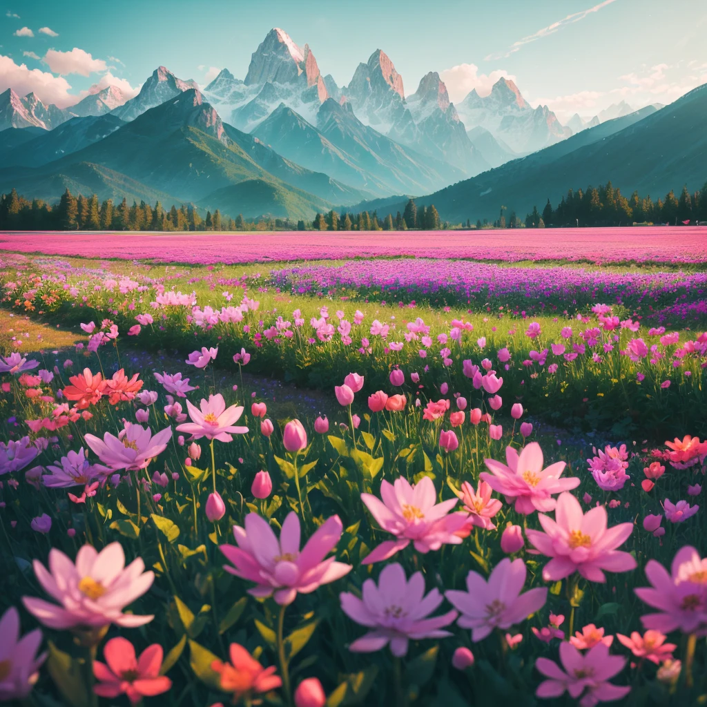 a close up of a field of flowers with mountains in the background, fields of flowers, an aesthetic field of flowers, field of flowers, in a field of flowers, field of fantasy flowers, flower field, field of mixed flowers, field of wild flowers, flower meadow, field of pink flowers, field of flowers background, sitting in a field of flowers