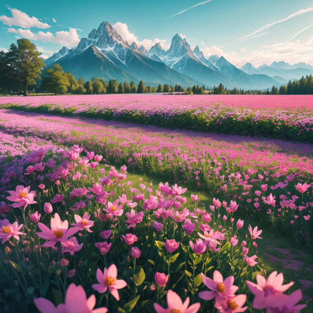 a close up of a field of flowers with mountains in the background, fields of flowers, an aesthetic field of flowers, field of flowers, in a field of flowers, field of fantasy flowers, flower field, field of mixed flowers, field of wild flowers, flower meadow, field of pink flowers, field of flowers background, sitting in a field of flowers