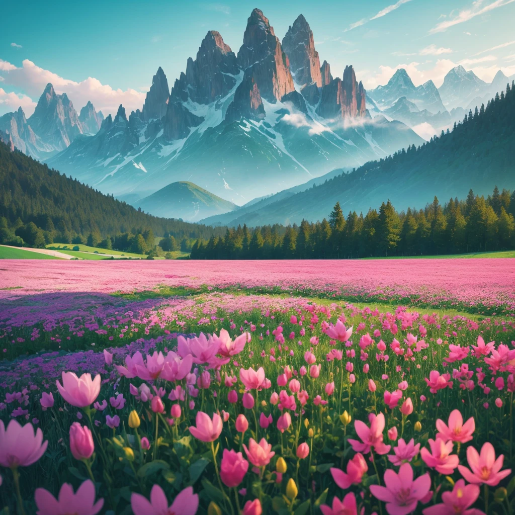 a close up of a field of flowers with mountains in the background, fields of flowers, an aesthetic field of flowers, field of flowers, in a field of flowers, field of fantasy flowers, flower field, field of mixed flowers, field of wild flowers, flower meadow, field of pink flowers, field of flowers background, sitting in a field of flowers