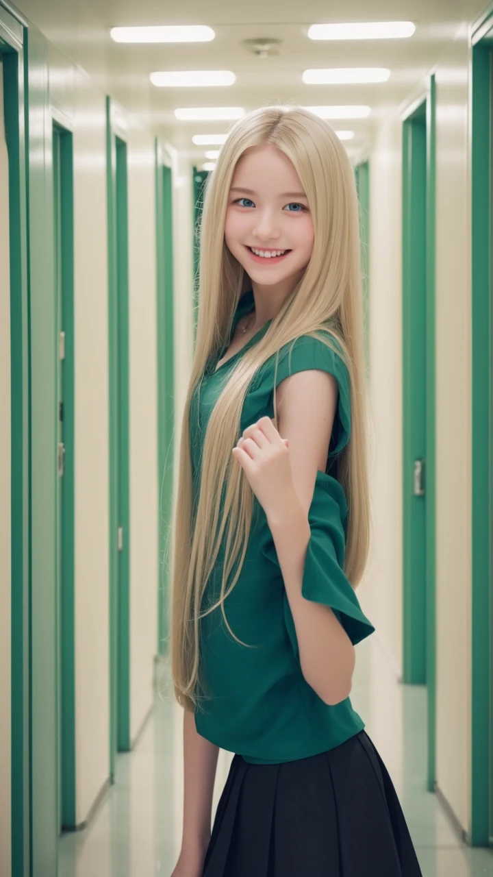 Pale blonde age girl with soft silky hair blue-green eyes smiling taking photo in the hallway of her American school in a black blouse and a short blue skirt