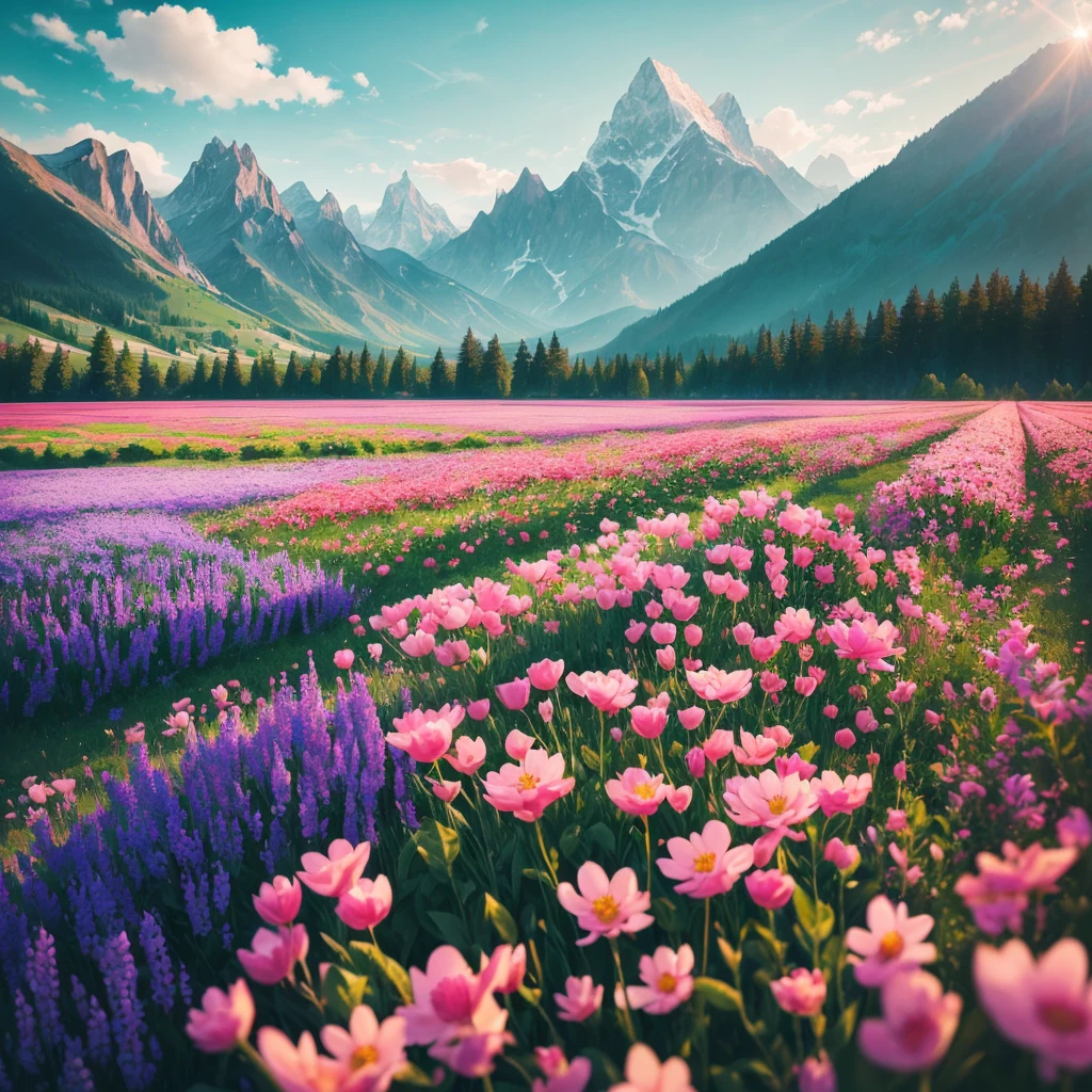 a close up of a field of flowers with mountains in the background, a tilt shift photo by Niko Henrichon, trending on unsplash, color field, fields of flowers, an aesthetic field of flowers, field of flowers, in a field of flowers, field of fantasy flowers, flower field, field of mixed flowers, field of wild flowers, flower meadow