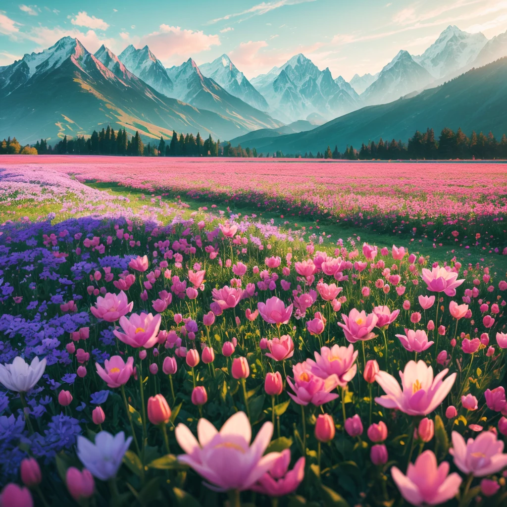 a close up of a field of flowers with mountains in the background, fields of flowers, an aesthetic field of flowers, field of flowers, in a field of flowers, field of fantasy flowers, flower field, field of mixed flowers, field of wild flowers, flower meadow, field of pink flowers, field of flowers background, sitting in a field of flowers