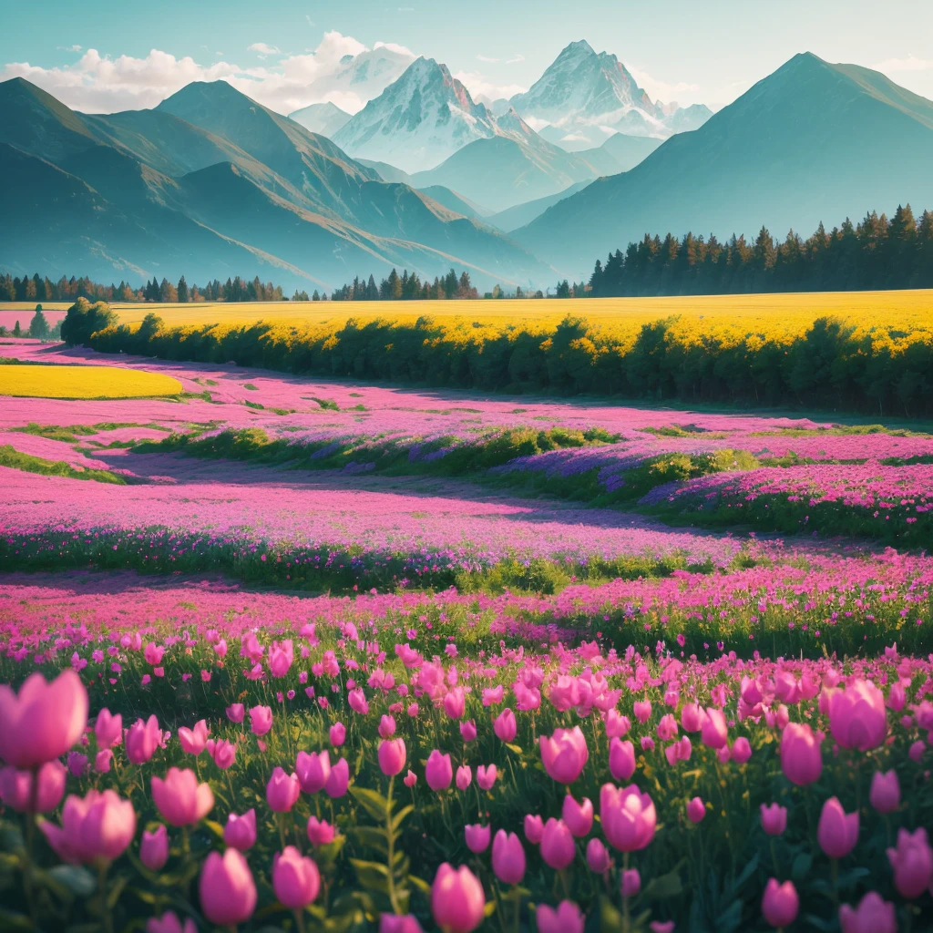 a close up of a field of flowers with mountains in the background, a tilt shift photo by Niko Henrichon, trending on unsplash, color field, fields of flowers, an aesthetic field of flowers, field of flowers, in a field of flowers, field of fantasy flowers, flower field, field of mixed flowers, field of wild flowers, flower meadow