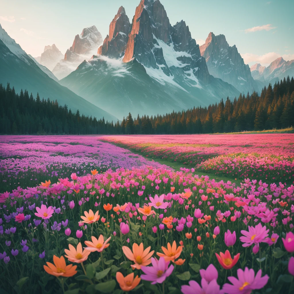 a close up of a field of flowers with mountains in the background, a tilt shift photo by Niko Henrichon, trending on unsplash, color field, fields of flowers, an aesthetic field of flowers, field of flowers, in a field of flowers, field of fantasy flowers, flower field, field of mixed flowers, field of wild flowers, flower meadow