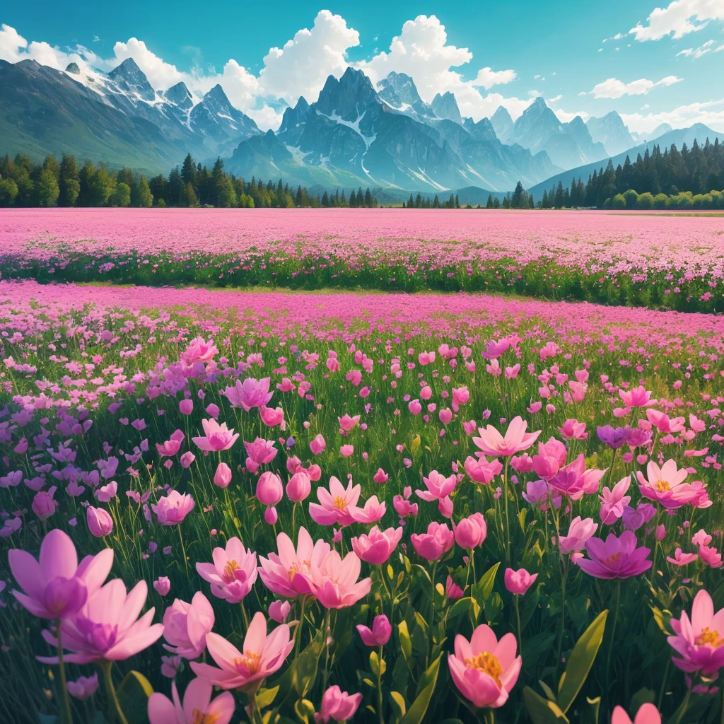 a close up of a field of flowers with mountains in the background, fields of flowers, an aesthetic field of flowers, field of flowers, in a field of flowers, field of fantasy flowers, flower field, field of mixed flowers, field of wild flowers, flower meadow, field of pink flowers, field of flowers background, sitting in a field of flowers