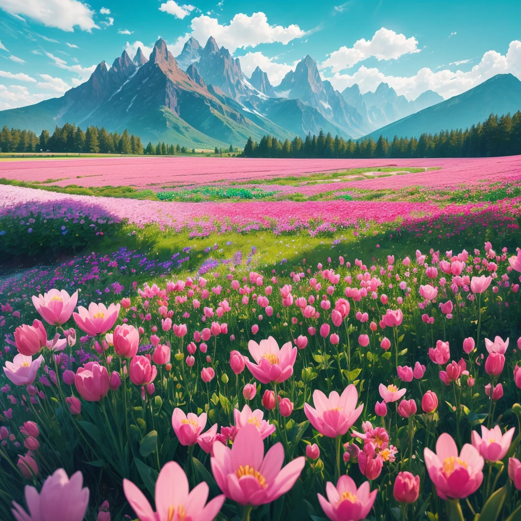 a close up of a field of flowers with mountains in the background, fields of flowers, an aesthetic field of flowers, field of flowers, in a field of flowers, field of fantasy flowers, flower field, field of mixed flowers, field of wild flowers, flower meadow, field of pink flowers, field of flowers background, sitting in a field of flowers