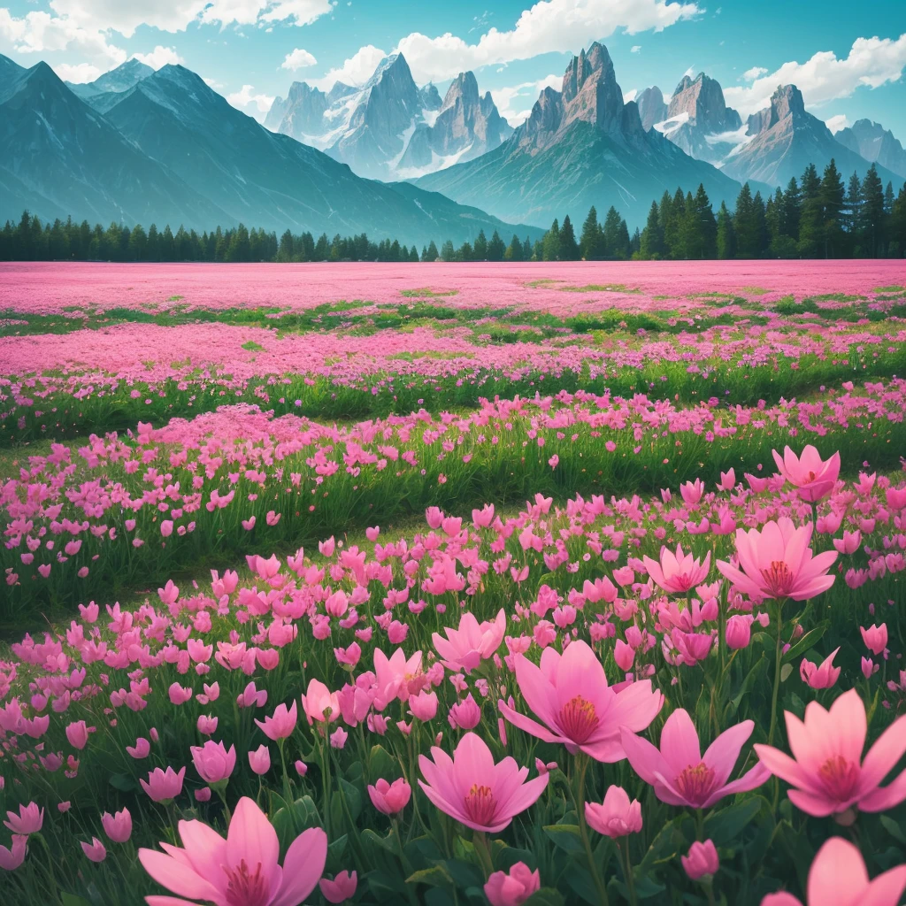 a close up of a field of flowers with mountains in the background, fields of flowers, an aesthetic field of flowers, field of flowers, in a field of flowers, field of fantasy flowers, flower field, field of mixed flowers, field of wild flowers, flower meadow, field of pink flowers, field of flowers background, sitting in a field of flowers