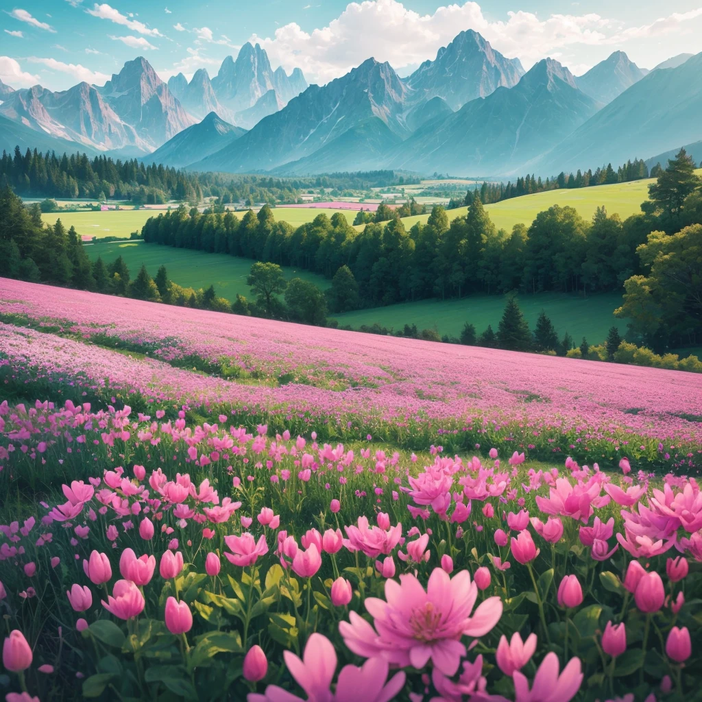 a close up of a field of flowers with mountains in the background, fields of flowers, an aesthetic field of flowers, field of flowers, in a field of flowers, field of fantasy flowers, flower field, field of mixed flowers, field of wild flowers, flower meadow, field of pink flowers, field of flowers background, sitting in a field of flowers