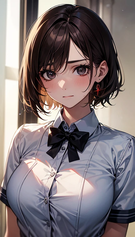 ((masterpiece,Highest quality,8K,Ultra-high resolution)),appropriate margins,Emphasize the face,BREAK,1 person,Very beautiful adult woman,is an adult,Slim body,Very large breasts,Bust 120,Upturned chest,BREAK,Dark brown hair,Black eyes,light in your eyes,Embarrassed,Shy glare,short hair,Wearing hair in one ear,unkempt,mascara,BREAK,(school uniform,Summer clothes)