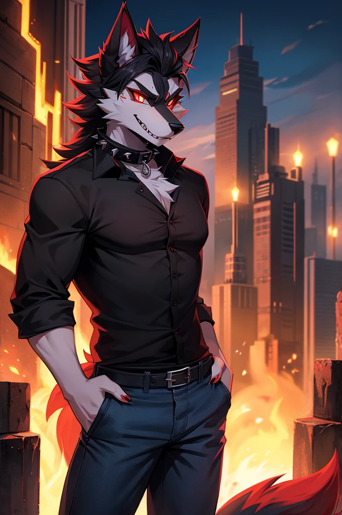 [Helluva Boss], anthro male furry, furry, hellhound, wearing black shirt and blue pants, spike collar, red sclera, white eyes, fluffy tail, standing, hell area, 