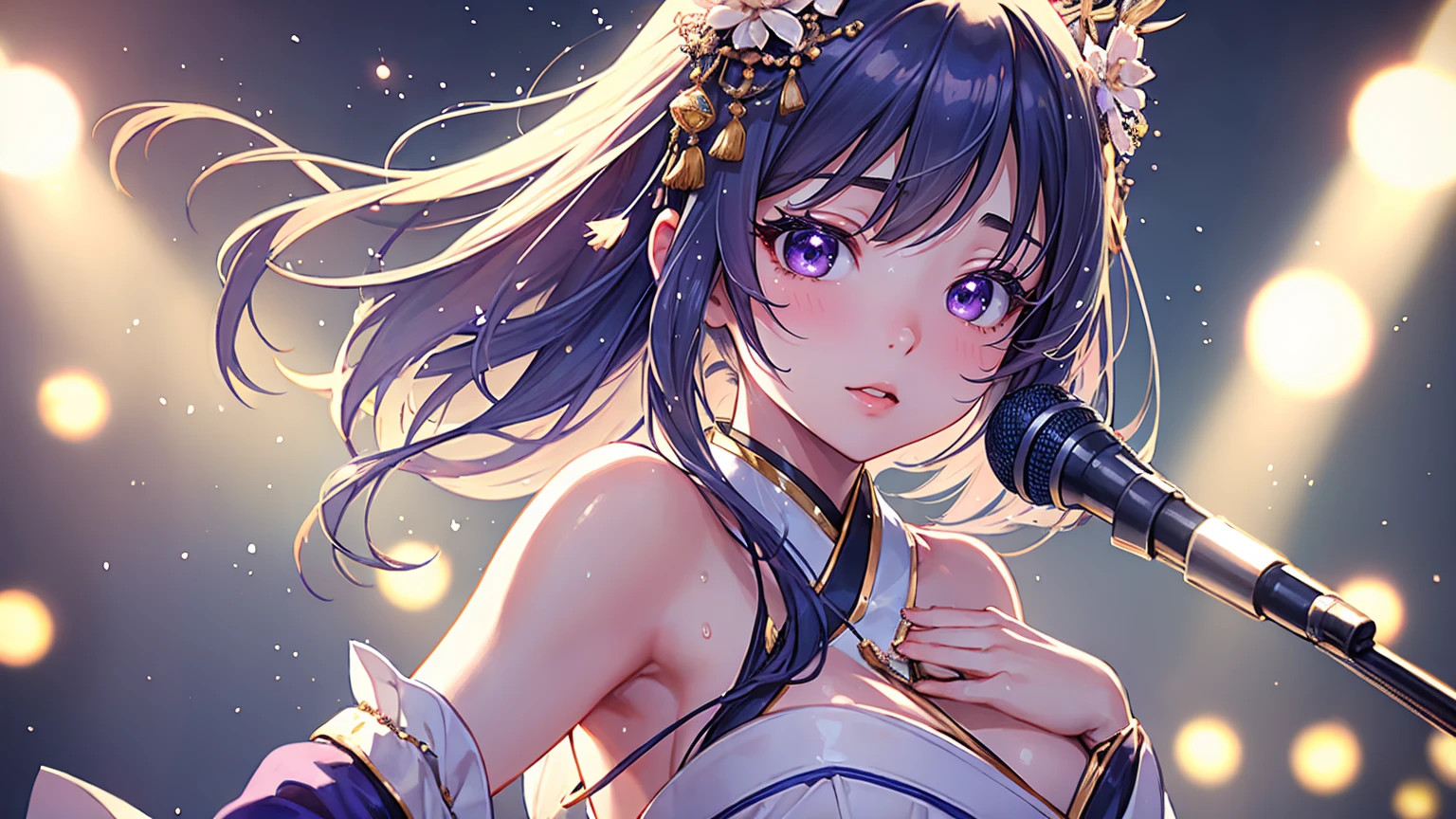 A 20-year-old Japanese idol with a delicate and beautiful face, large eyes, and translucent skin is singing on stage in an idol's costume and with an enchanting expression on her face. A gentle, warm light surrounds her. The background is filled with soft out-of-focus light, and the pale blue and purple tones create a dreamy, serene, and enchanting atmosphere. Sweat glistens and surrounds her, enhancing the fantastic and ethereal atmosphere. Emphasis on the armpits