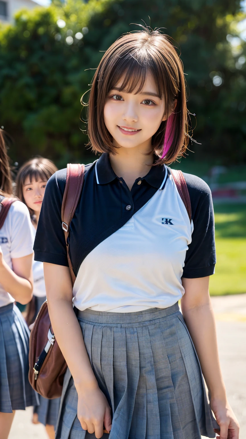 (Realistic、Like a photograph、Live Action、8K, Realistic, RAW Photos, Best image quality: 1.4), Single-lens reflex camera、RAW Photos, Highest quality, Realistic, Very detailed CG Unity 8K wall paper, Written boundary depth, Cinematic Light, Lens flare, Ray Tracing, Realistic background、((high school girl:1.4、A tight polo shirt that expresses the roundness and softness of the chest area:1.3、Uniform skirt:1.3)、(huge Breasts:1.3)、Sports bag slung across the shoulder、The straps of the bag pass between the chest)、((Ultra-Dense Skin))、 1 female, cute high school girl、((Girls cheering in the schoolyard、support、(whole body:1.5)、Smiling at school))、Pink inner color hair、short hair:1.2、tie your hair with a hair clip、I like that style、stylish、Very detailed、Pay attention to the details、Perfect outfit、(Sunburned skin)、Beautiful legs:1.1,front
