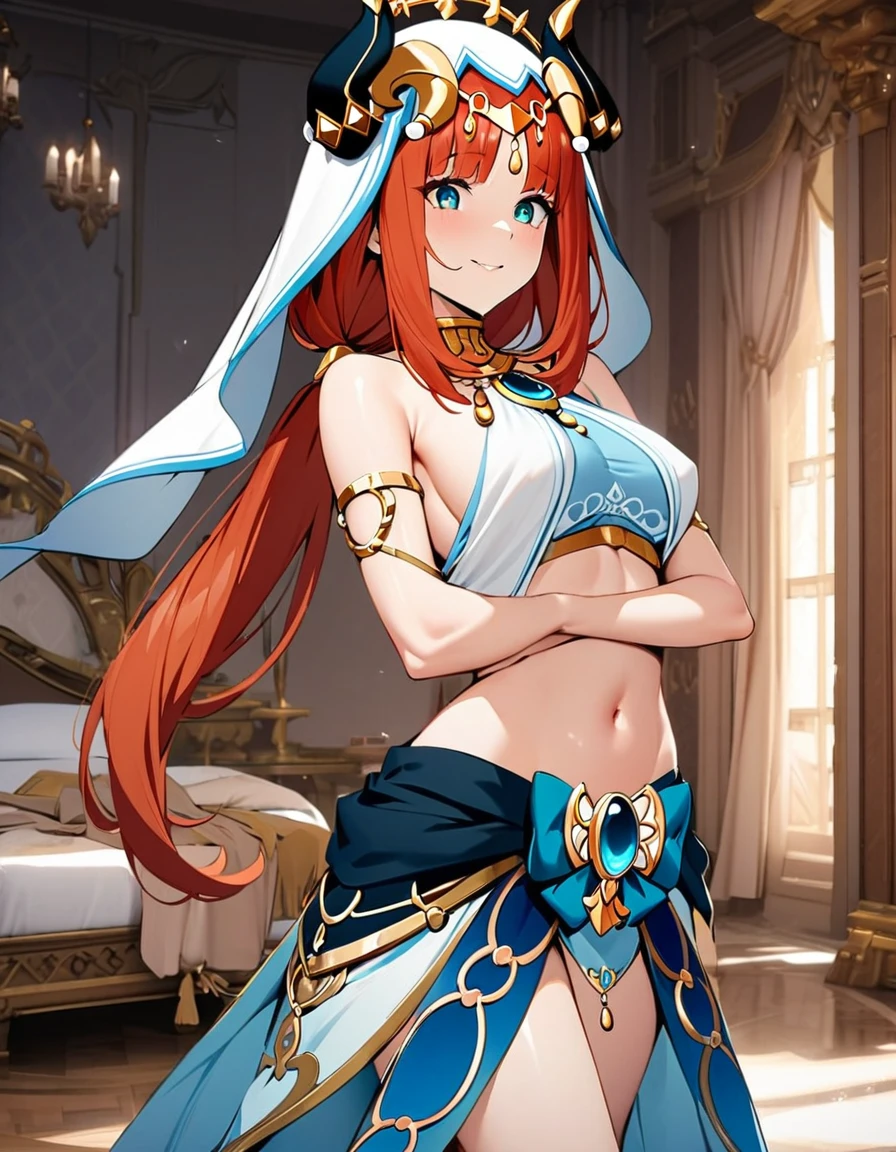 (masterpiece), best quality, expressive eyes, perfect face,Mature female,1 girl (nilou,Genshin impact),(harem outfit,exposed midriff,topless),royal bedroom background,medium breasts,smile,topless,nipple,slim figure,
