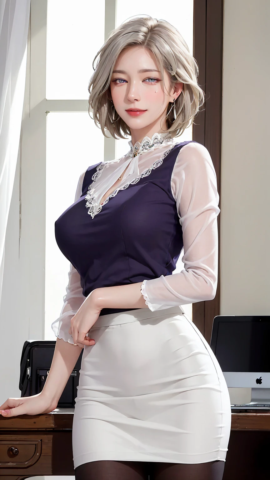 ((((masterpiece, best quality, high resolution)))), Extremely detailed 8K, Beautiful girl with voluptuous body, (Ultra HD, Ultra-detailed, Highly detailed, Highly realistic, Ultra-realistic, photograph realistic), (1girl:1.5), (Realistic white hair), (short wavy hair, hair ornaments, earrings), (dynamic poses), facing at camera, looking at viewer, (blushing red, embarrassed, exhausted, smile), (purple eyes, sharp eyes), (perky breasts:1.2), (beautiful detailed face, beautiful detailed eyes), ((white blouse, dark pencil skirt)), (detail pussy), (standing up:1.3), sweat, glow, (sunbeam, sunlight), ((cowboy shot)), office room, seductive