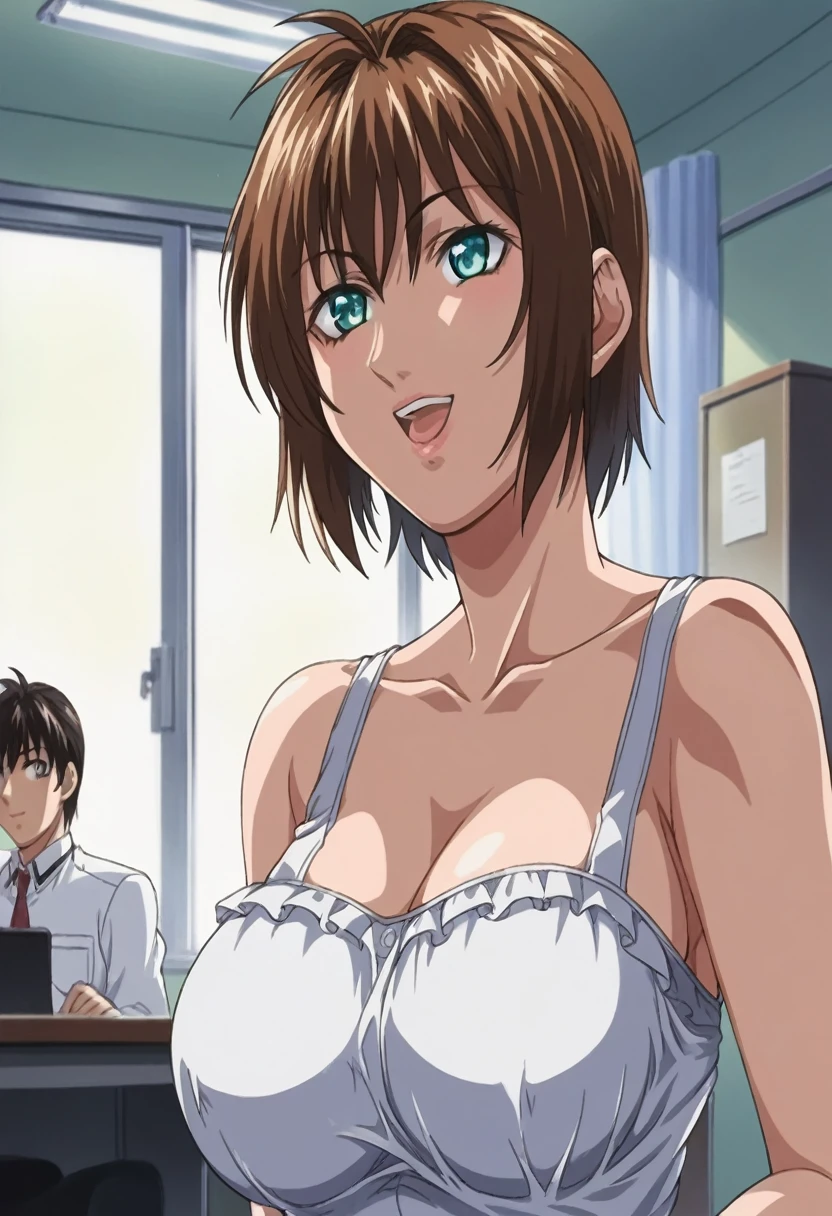 score_9, score_8_up, source_anime Bibl3, tomboy, tanned skin, brown hair, short hair, huge breasts, wide hips, viewed from front, soft smile, empty eyes, relaxed expression, hypnotized, open mouth, staring ahead, full lips, vivid lips, detailed eyes, removing clothes, frilly panties, pretty girl, principals office, morning