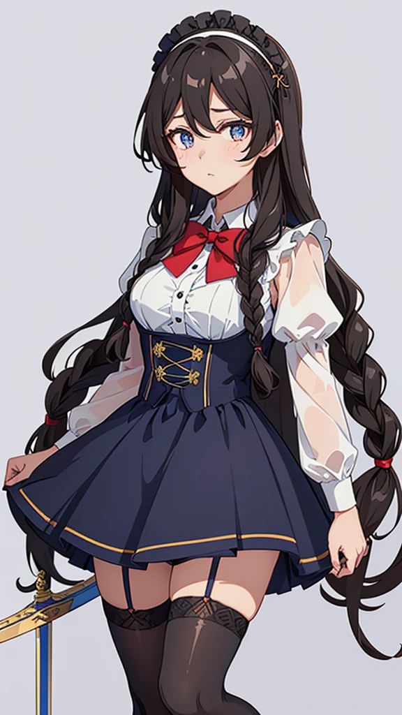 Black-haired girl，Indifferent girl，Golden pupils，Black long hair，braid，braid，脑后braid，ta skirt，Blue Loliress，Lolita s，Blue Skirt，Blue Skirt，Blue Skirt，Blue Skirt，蓝白Lolita skirt，Blue Dress，Blue Dress，Red bow tie，Red bow tie，Red bow tie，Red bow tie，Red bow tie，单条braid，单条braid，短braid，Repressive style，Garter stockings，Garter stockings，Garter stockings，Big breasts，Great Sword，手持Great Sword，手持Great Sword，Great Sword