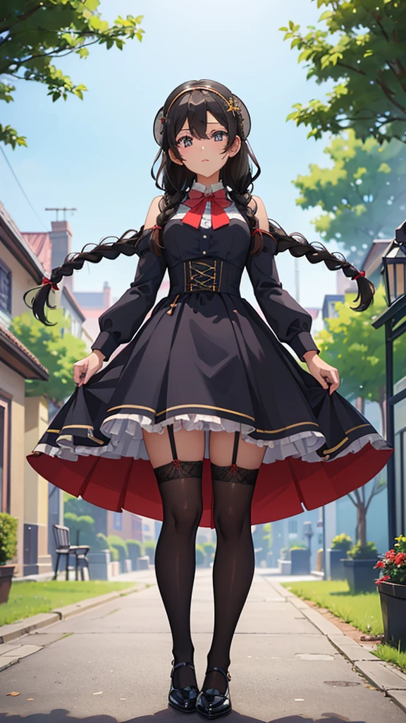 Black-haired girl，Indifferent girl，Golden pupils，Black long hair，braid，braid，脑后braid，Lolita skirt，Blue Lolita Dress，Lolita style，Blue Skirt，Blue Skirt，Blue Skirt，Blue Skirt，蓝白Lolita skirt，Blue Dress，Blue Dress，Red bow tie，Red bow tie，Red bow tie，Red bow tie，Red bow tie，单条braid，单条braid，短braid，Repressive style，Garter stockings，Garter stockings，Garter stockings，Big breasts，Great Sword，手持Great Sword，手持Great Sword，Great Sword