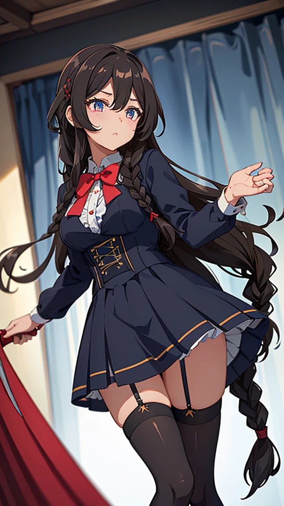 Black-haired girl，Indifferent girl，Golden pupils，Black long hair，braid，braid，脑后braid，****ta skirt，Blue ****ta Dress，****ta style，Blue Skirt，Blue Skirt，Blue Skirt，Blue Skirt，蓝白****ta skirt，Blue Dress，Blue Dress，Red bow tie，Red bow tie，Red bow tie，Red bow tie，Red bow tie，单条braid，单条braid，短braid，Repressive style，Garter stockings，Garter stockings，Garter stockings，Big breasts，Great Sword，手持Great Sword，手持Great Sword，Great Sword