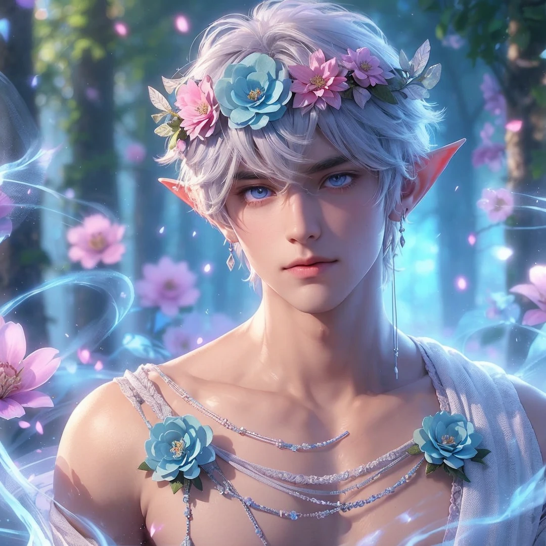 Handsome boy, white hair, white eyes, wearing light blue and pink flower crown, wearing white indian loin-cloth, elf ear, "surrounded by light blue, pink, and purple light, magic forest background