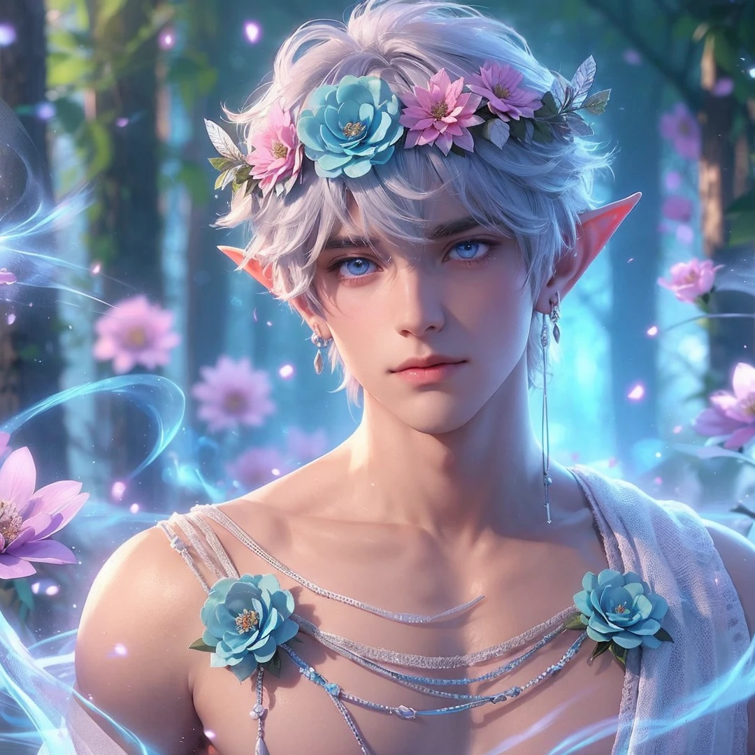 Handsome boy, white hair, white eyes, wearing light blue and pink flower crown, wearing white indian loin-cloth, elf ear, "surrounded by light blue, pink, and purple light, magic forest background