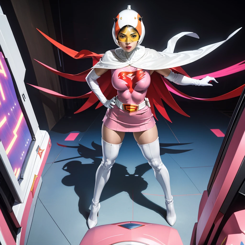 ANI_CLASSIC_jun_gatchaman_ownwaifu,1girl, 15yo,good anatomy, masterpiece, best quality,realistic, hyper realistic, 16k hdr, long hair,breasts,lips,large breasts,lipstick,makeup,gloves,cape,helmet,belt,elbow gloves,white gloves,mask,ultra miniskirt,leotard,spacesuit,white tight overknee highheels boots,pink dress,superhero,bodysuit,cleavage,erected nipples,(stand pose,hands on hip),(spread legs:1.1),cameltoe