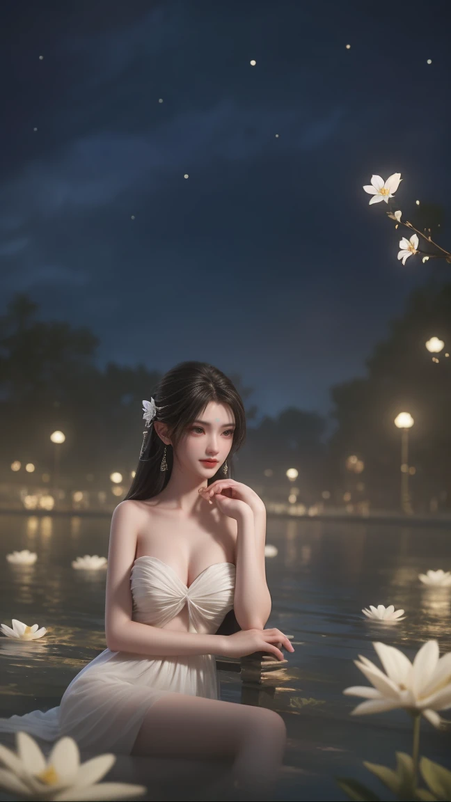 1girl, girl with long black hair, smiling, cheerful, the girl wearing white long dress, girl is lie down among a wide expanse of flowers,girl posing gracefully , surrounded by beautiful flowers, Calm and peaceful atmosphere, night, moonlight , Beautiful glowing butterflies surround the girl lighting up the darkness of the night, magic,Romantic, the night breeze blows the Sepoi Sepoi girl's hair, 