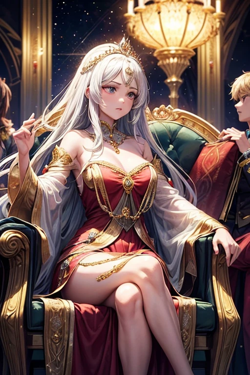 medieval fantasy style, girl, queen, beautiful, slender, sexy, big elastic breasts, makeup, crown, earrings, necklace, expensive luxurious chic royal dress in fantasy style, European style of clothing, neckline, deep neckline, on the throne, hentai