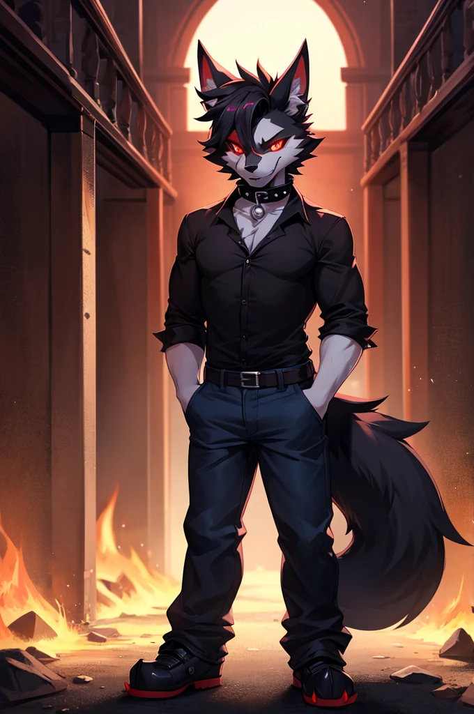 [Helluva Boss], anthro male furry, furry, hellhound, wearing black shirt and blue pants, spike collar, red sclera, white eyes, fluffy tail, standing, hell area, 