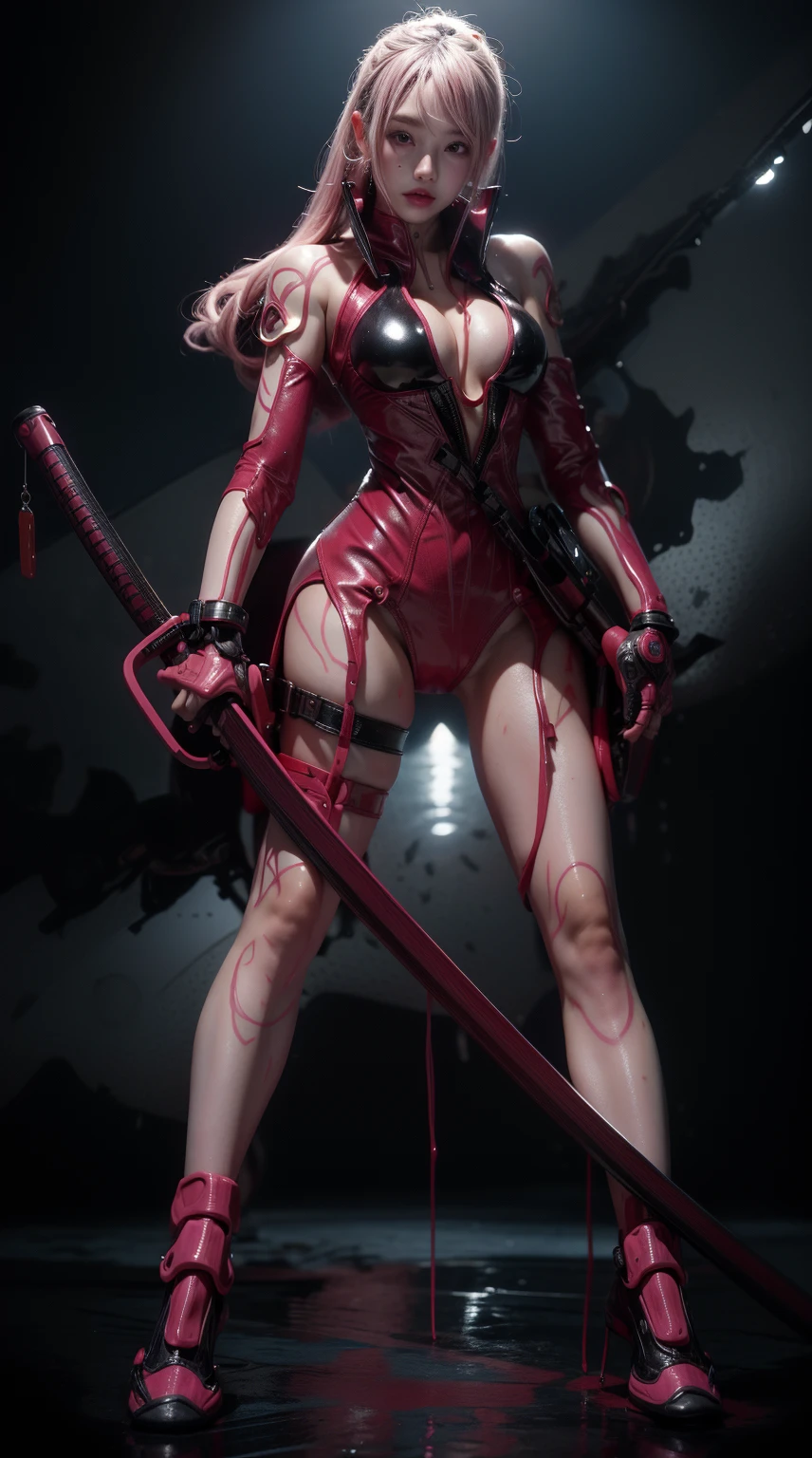 Highest quality、Surreal、Perfect Anatomy、In the middle of a crowded arena、Wet and shiny white skin、Sweat dripping all over the body、Small face、Model Body Type、Golden and pink hair、Black micro bikini、blush、Collars and Leads、Black Japanese sword、Heart shaped decoration、Cyberpunk City、Dripping blue liquid、Intricate, luminous mechanical parts、