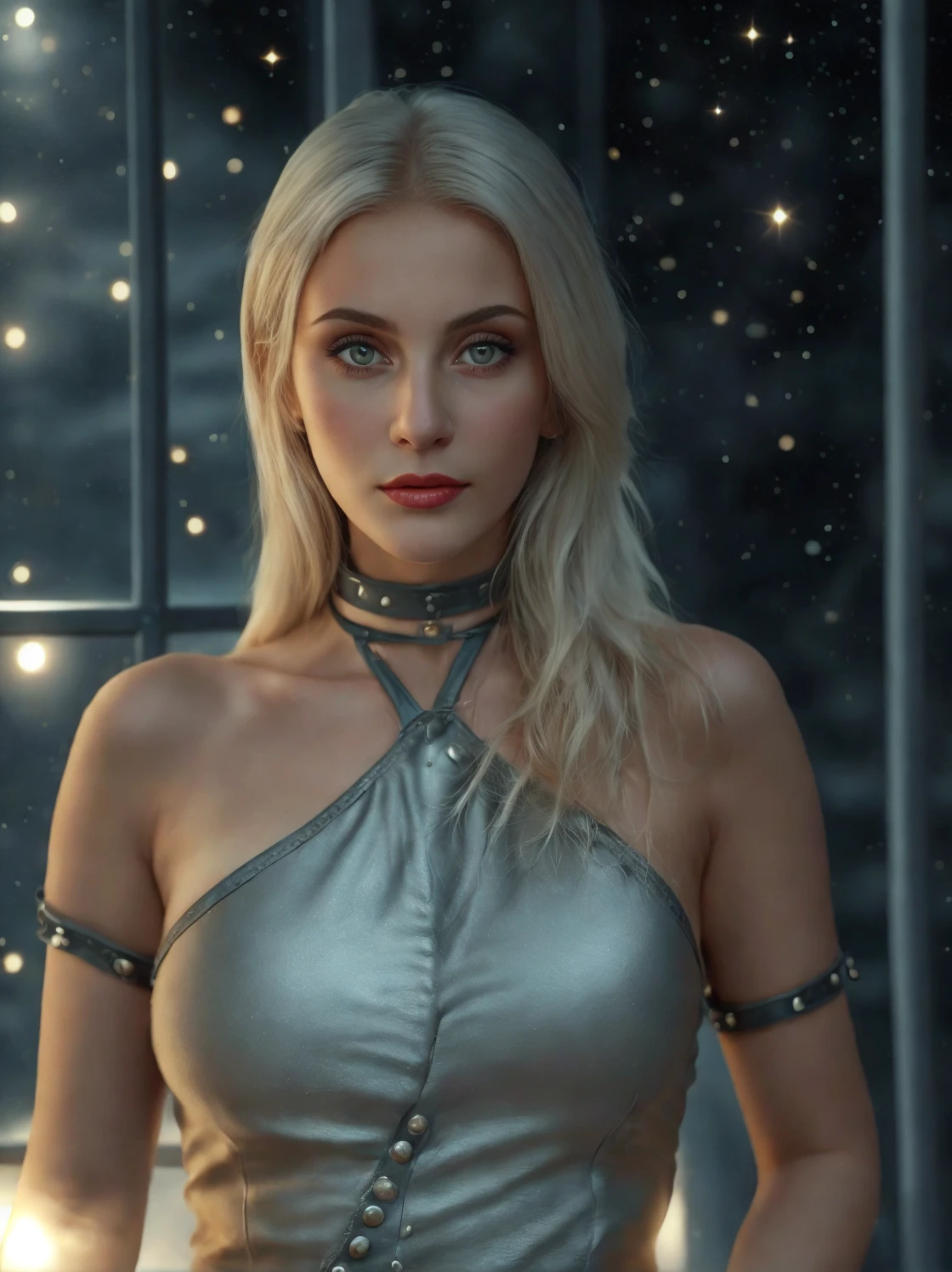 a glamour picture shot,  ((full body: 1.5) of an elite vampire model, walking on a (dark catwalk: 1.2), an extraordinary glamourous elite female vampire model, ((full body: 1.5)),  ((anatomically correct: 1.5), (ultra detailed face: 1.2), best detailed face, blond hair, long hair, lush hair, red eyes, delicate face, light make up, wearing intricate blue detailed dress, glamour dress, haute couture dress, elite fashion dress, white dress, decorated with diamonds,  small cleavage, wearing high heels, elegant high heels, she wears diamond necklace, elite fashion show background, vibrant, Hyperrealism style, vibrant, Ultra-high resolution, High Contrast, (masterpiece:1.5), highest quality, Best aesthetics), best details, best quality, highres, ultra wide angle, 16k, [ultra detailed], masterpiece, best quality, (extremely detailed) RAW, chumbasket art style, rpg portrait, photograph, BloodSoakedAI, vampire teeth