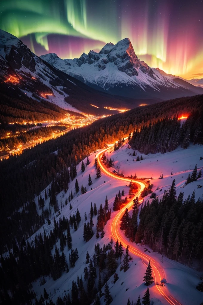 The environment is a mountainous landscape with dense pine trees, lit by an aurora of golden and red flames that resemble a sunrise. The light from the flames casts long, dancing shadows on the ground, creating a magical and intense atmosphere.