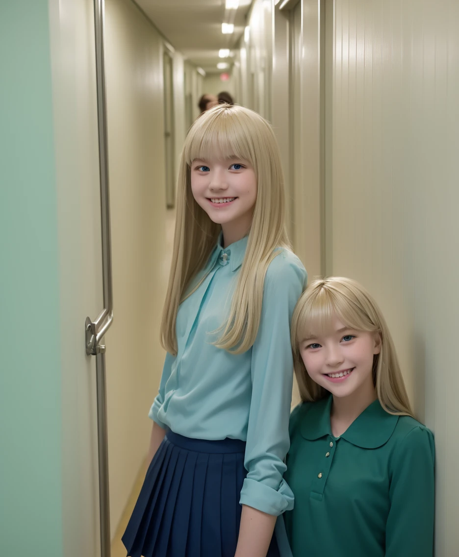 Blonde teenage girl with pale bangs soft silky hair blue-green eyes smiling taking photo in the hallway of her American school in the  black blouse and a short blue skirt 