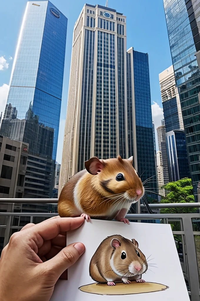 Draw a huge hamster against the background of a skyscraper in a metropolis