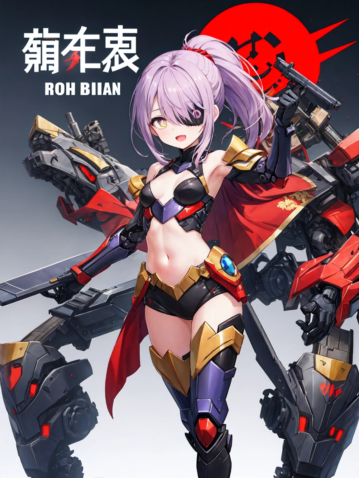 Japanese_anime_style,1figure_girl,(loli:1.5), (short_ponytail:1.3), (light_whitish_purple_hair:1.3),black_mechanical_armor_parts,white_breasts_parts_red_black_body_suit,bare_shoulder,bare_slender_thighs,medium_breasts,on_the_desk, desk_background,Stinging_eyes,(half_pupil:1.5),sleepy,thighhigh_greaves,gauntlets,dynamic_posing,bare_frank,metal_red_parts_armor,red_eye,
fists,hold_weapon,glare,navel,large_mechanical_parts,happy,waist_armor,open_mouth,rise_legs,apart_legs, (covered_navel:1.3),(very_long_bangs:1.3), (hair_over_one_eye:1.5),(long_bang_covers_right_half_of_face:1.5),
(covered_pussy:1.1),covered_breasts,armpits,