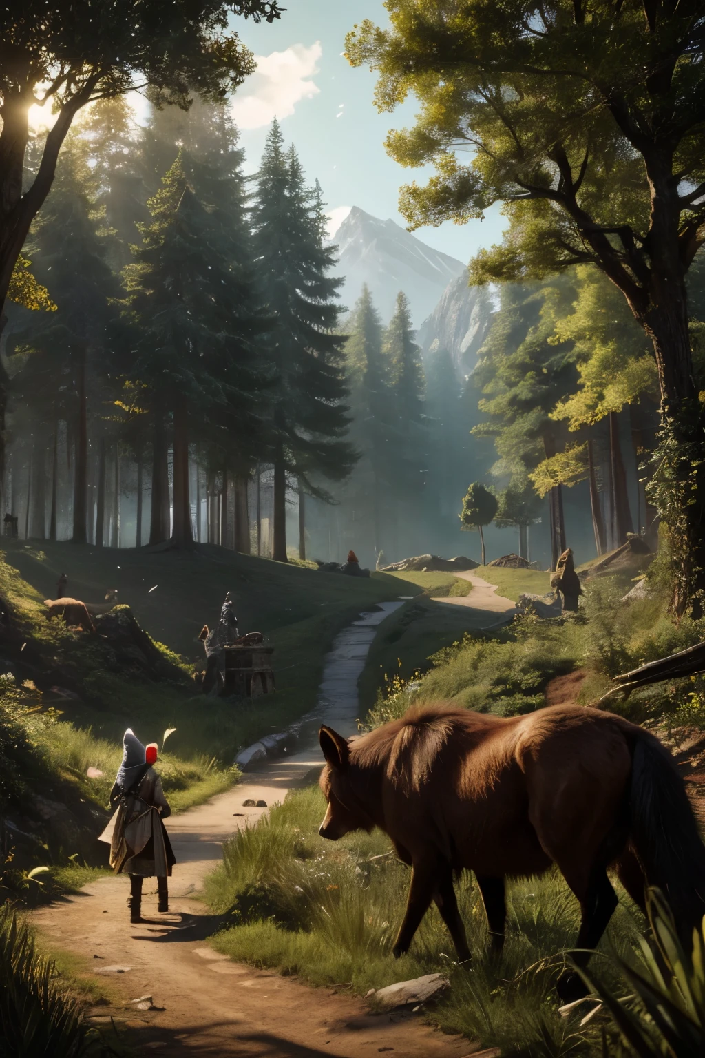 (forest background with bushes and trees)), (surrounding landscape), (detailed style), (jogo d&d),  (free but tamed beasts on the left), (necromancer invocations on the left),Humanoid fox with light clothes, of the necromancer and beast tamer classes in the forest, look naughty at the camera, holding an ordinary wizard&#39;s staff, reward leaflet stuck to a bush in the background, wears a fanny pack with gold coins.