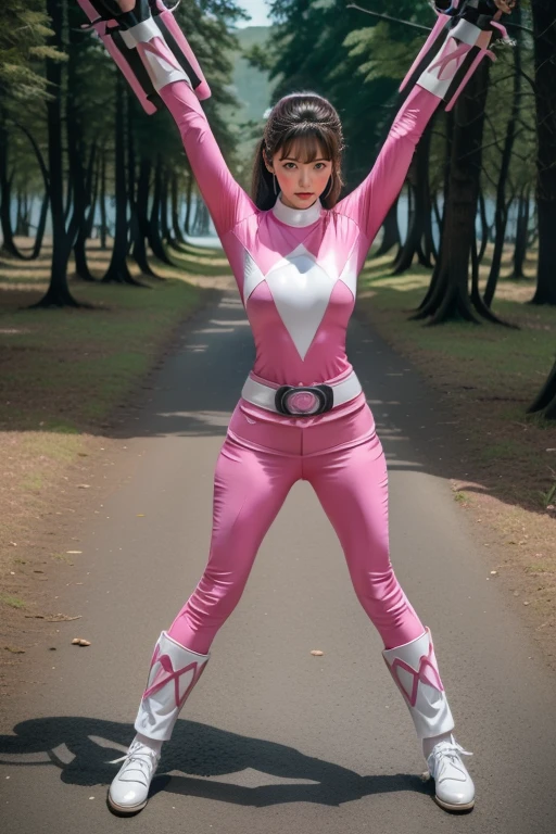 pink theme，pink ranger suit、curvy, big breats, full body, tied on Saint Andrew's cross in X position,