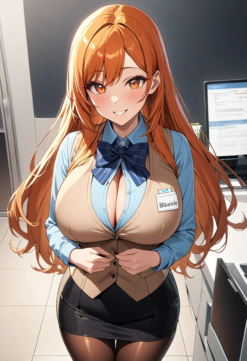 1 woman, solo, tall woman, long orange hair, straight hair ,orange eyes, (Full Breasts), High Height,masterpiece, high resolution, shiny, full body, beautiful,A cute smile that makes the viewer happy, highly detailed beautiful face and eyes,looking at viewer,(bank teller, black skirt, bow, long sleeves, pantyhose, blue shirt, skirt, vest:1.1),large breast,(button gap:1.1),office,