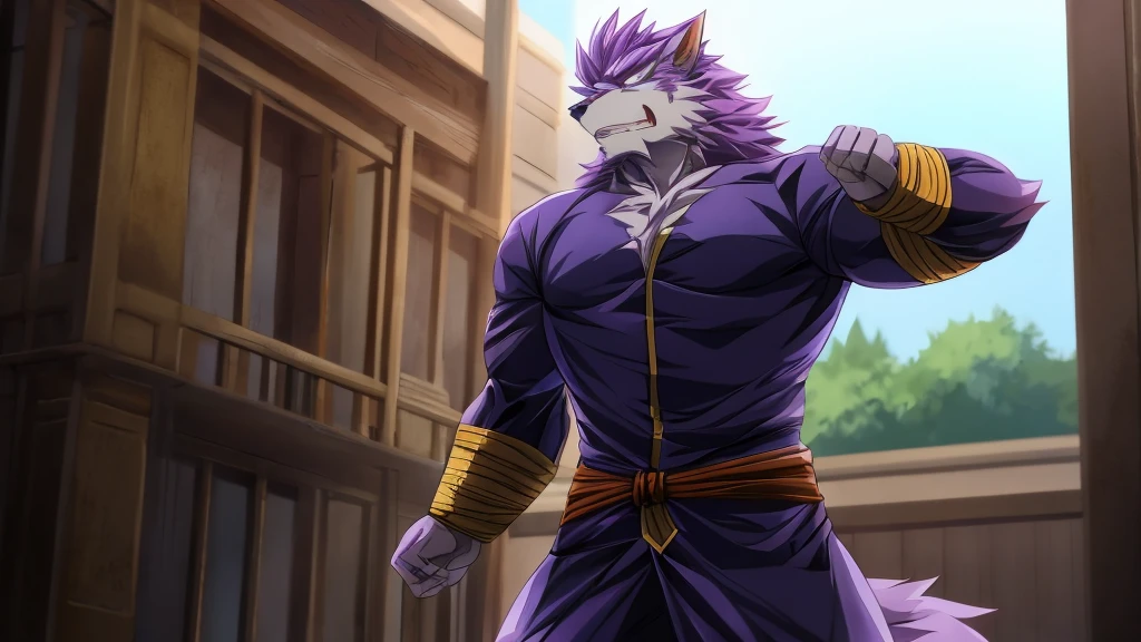 The werewolf with light purple hair is tied up with his upper body exposed,Standing,Panic,Exquisite,Athletic,Anthropomorphic,High degree of animalization,Furry Station,Stand by the wall,Tied,Handsome,male,Anime style,huge,Incapable of action,Hands tied,panicked,Helpless